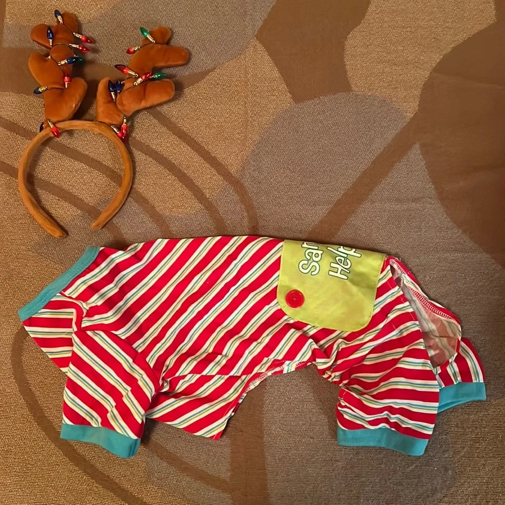 Santa’s Helper Puppy Costume w Reindeer Antlers, M